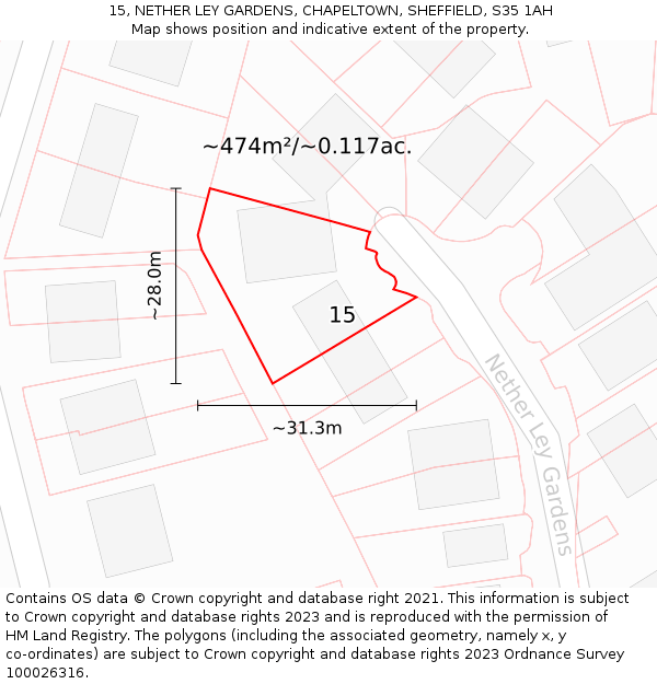 15, NETHER LEY GARDENS, CHAPELTOWN, SHEFFIELD, S35 1AH: Plot and title map
