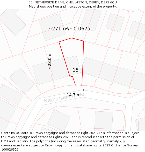15, NETHERSIDE DRIVE, CHELLASTON, DERBY, DE73 6QU: Plot and title map