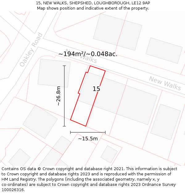15, NEW WALKS, SHEPSHED, LOUGHBOROUGH, LE12 9AP: Plot and title map