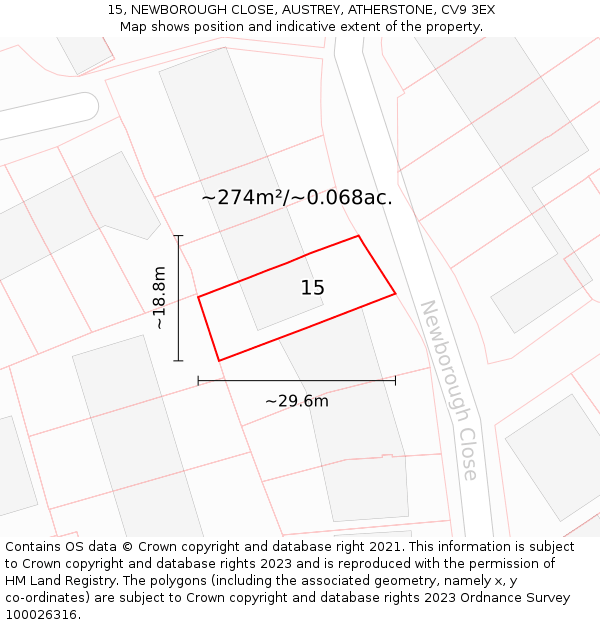 15, NEWBOROUGH CLOSE, AUSTREY, ATHERSTONE, CV9 3EX: Plot and title map