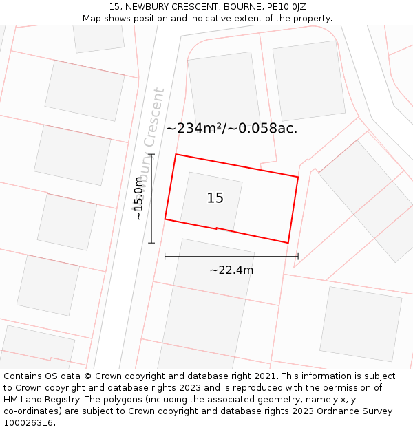 15, NEWBURY CRESCENT, BOURNE, PE10 0JZ: Plot and title map