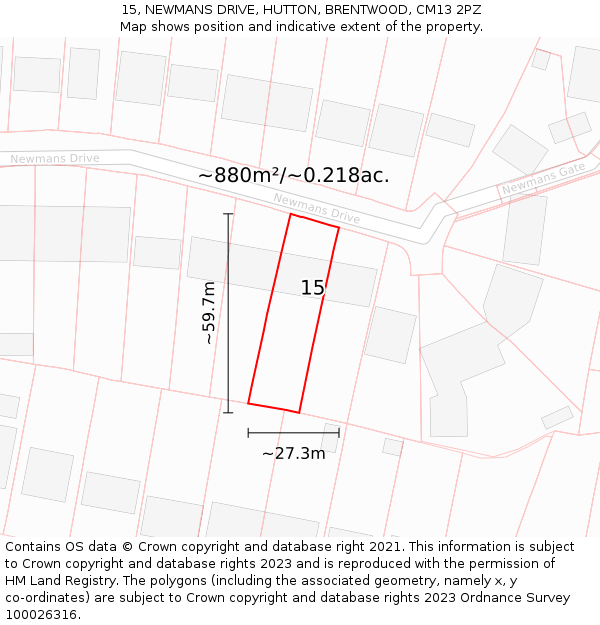 15, NEWMANS DRIVE, HUTTON, BRENTWOOD, CM13 2PZ: Plot and title map