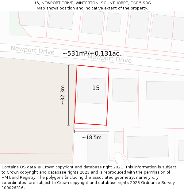 15, NEWPORT DRIVE, WINTERTON, SCUNTHORPE, DN15 9RG: Plot and title map