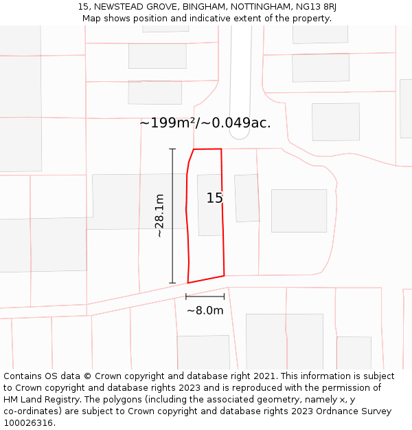 15, NEWSTEAD GROVE, BINGHAM, NOTTINGHAM, NG13 8RJ: Plot and title map