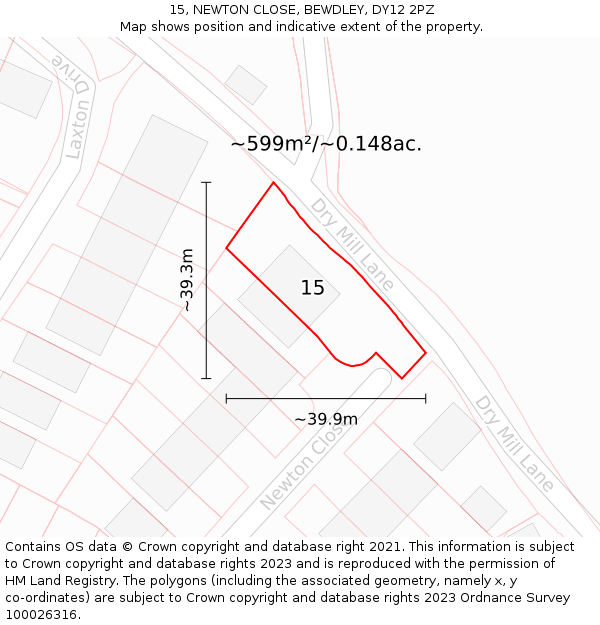15, NEWTON CLOSE, BEWDLEY, DY12 2PZ: Plot and title map