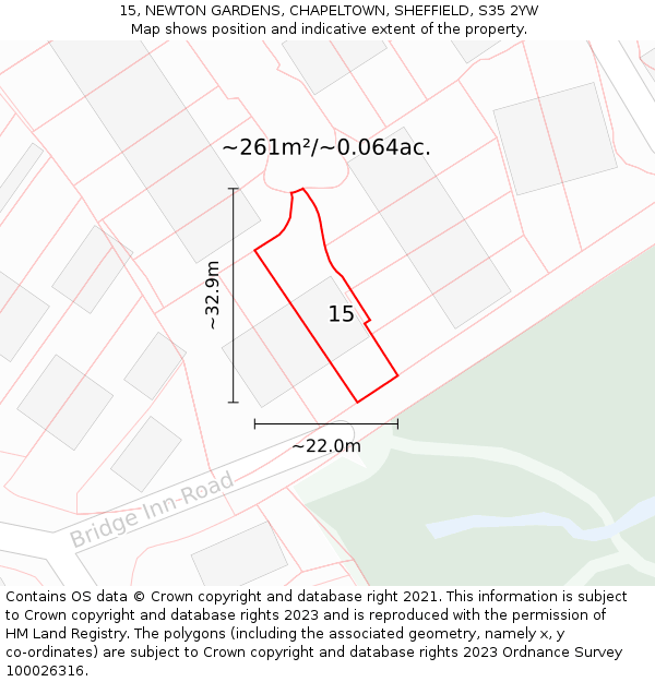 15, NEWTON GARDENS, CHAPELTOWN, SHEFFIELD, S35 2YW: Plot and title map