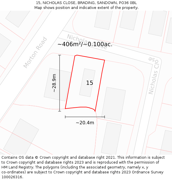 15, NICHOLAS CLOSE, BRADING, SANDOWN, PO36 0BL: Plot and title map