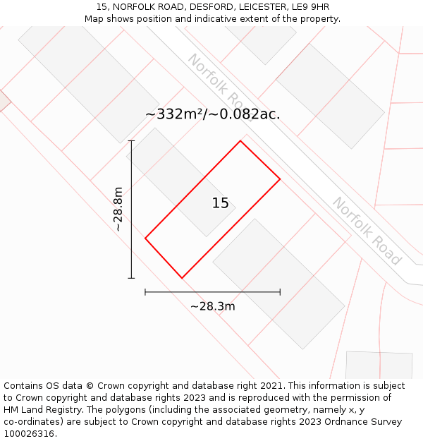 15, NORFOLK ROAD, DESFORD, LEICESTER, LE9 9HR: Plot and title map