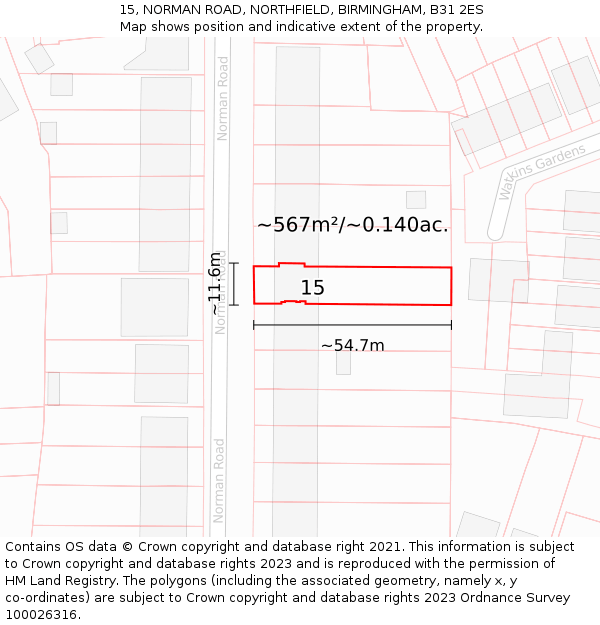 15, NORMAN ROAD, NORTHFIELD, BIRMINGHAM, B31 2ES: Plot and title map