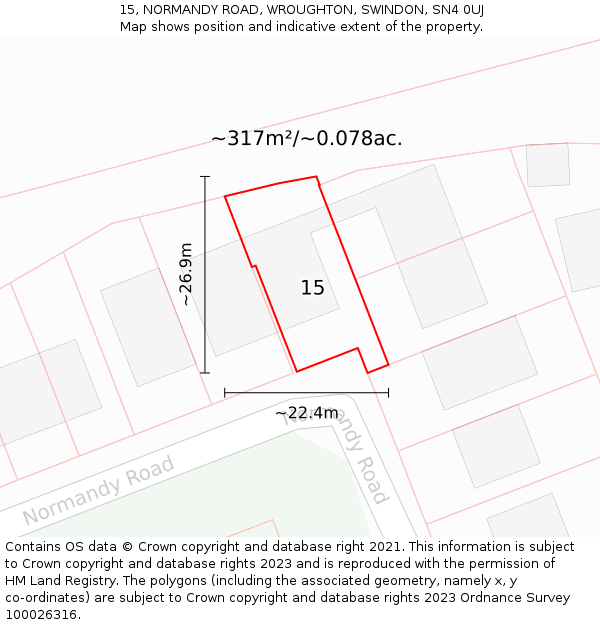 15, NORMANDY ROAD, WROUGHTON, SWINDON, SN4 0UJ: Plot and title map