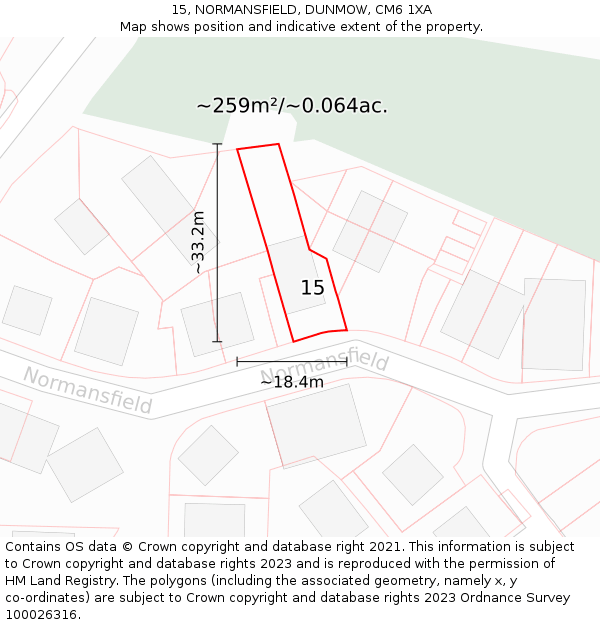 15, NORMANSFIELD, DUNMOW, CM6 1XA: Plot and title map