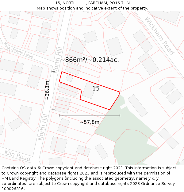 15, NORTH HILL, FAREHAM, PO16 7HN: Plot and title map