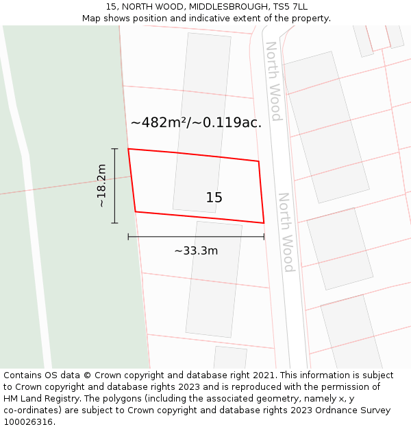15, NORTH WOOD, MIDDLESBROUGH, TS5 7LL: Plot and title map