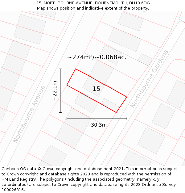 15, NORTHBOURNE AVENUE, BOURNEMOUTH, BH10 6DG: Plot and title map
