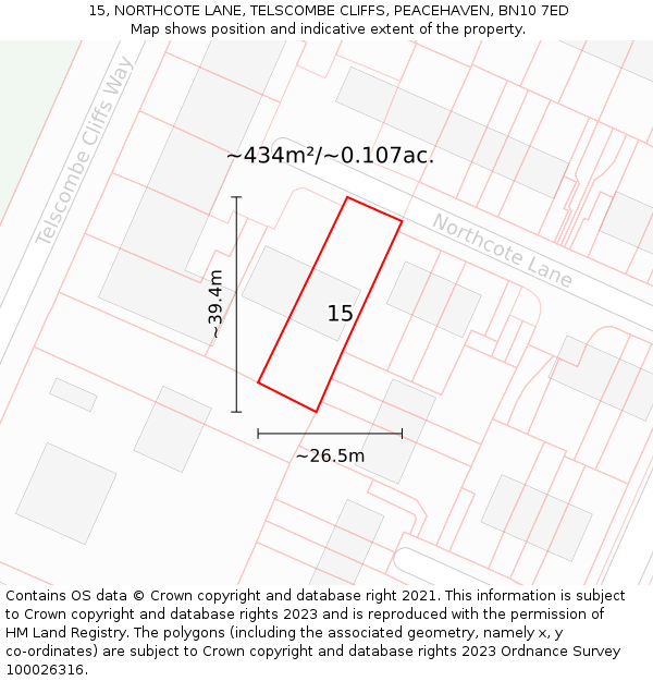 15, NORTHCOTE LANE, TELSCOMBE CLIFFS, PEACEHAVEN, BN10 7ED: Plot and title map