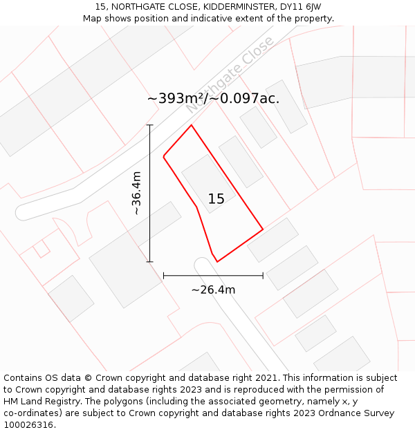 15, NORTHGATE CLOSE, KIDDERMINSTER, DY11 6JW: Plot and title map