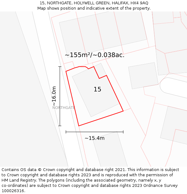 15, NORTHGATE, HOLYWELL GREEN, HALIFAX, HX4 9AQ: Plot and title map