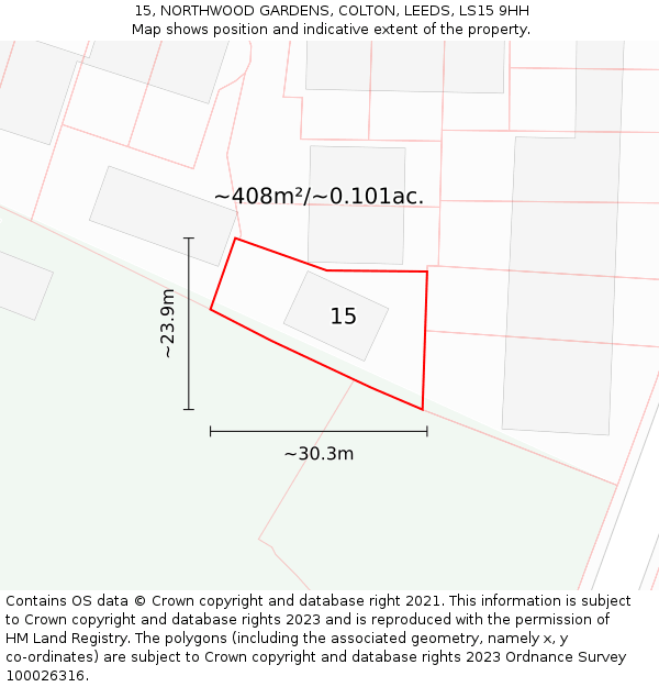 15, NORTHWOOD GARDENS, COLTON, LEEDS, LS15 9HH: Plot and title map