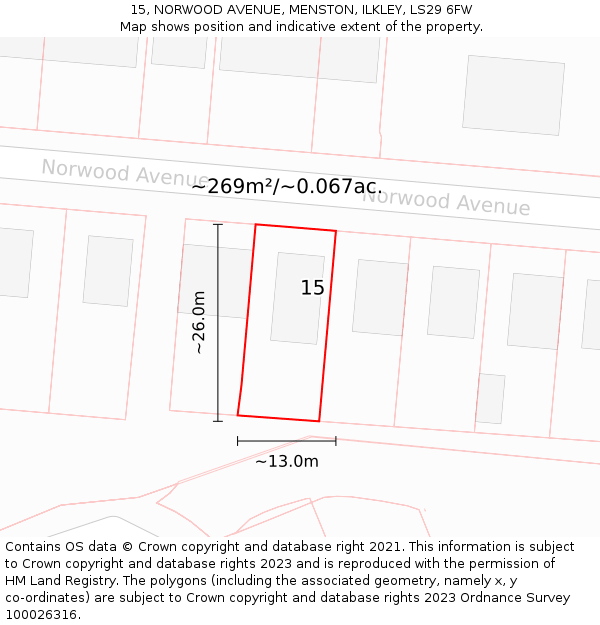 15, NORWOOD AVENUE, MENSTON, ILKLEY, LS29 6FW: Plot and title map