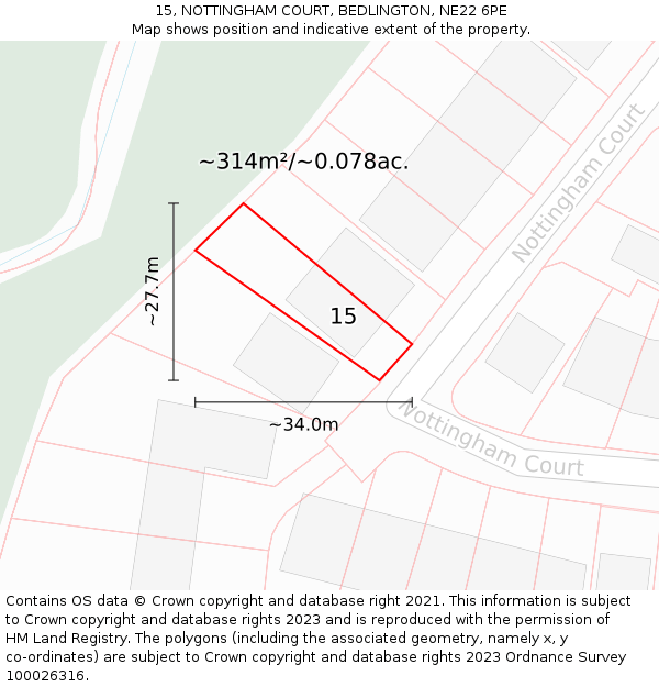 15, NOTTINGHAM COURT, BEDLINGTON, NE22 6PE: Plot and title map