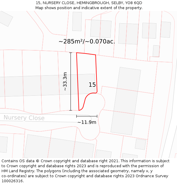 15, NURSERY CLOSE, HEMINGBROUGH, SELBY, YO8 6QD: Plot and title map