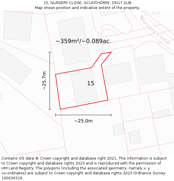 15, NURSERY CLOSE, SCUNTHORPE, DN17 2UB: Plot and title map