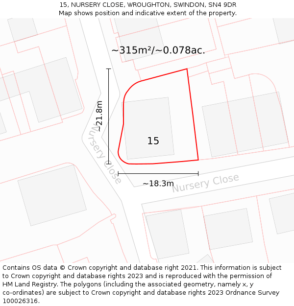 15, NURSERY CLOSE, WROUGHTON, SWINDON, SN4 9DR: Plot and title map
