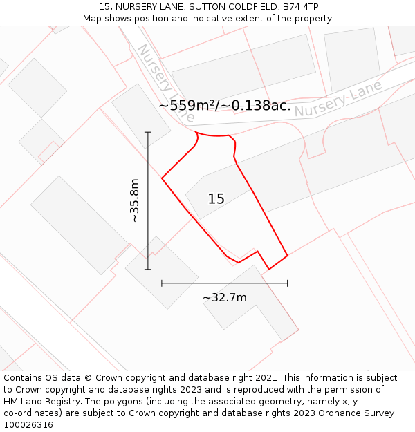 15, NURSERY LANE, SUTTON COLDFIELD, B74 4TP: Plot and title map