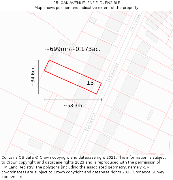 15, OAK AVENUE, ENFIELD, EN2 8LB: Plot and title map