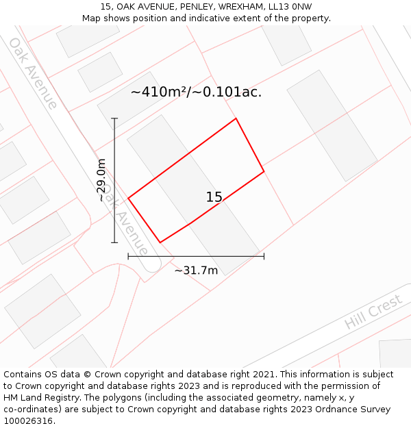 15, OAK AVENUE, PENLEY, WREXHAM, LL13 0NW: Plot and title map