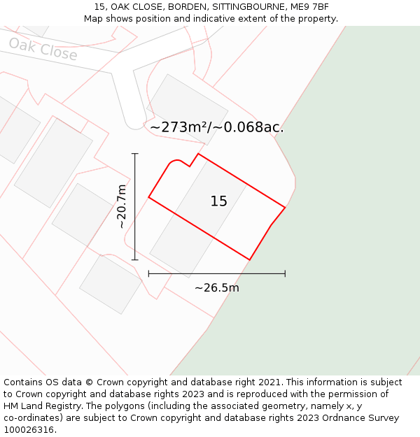 15, OAK CLOSE, BORDEN, SITTINGBOURNE, ME9 7BF: Plot and title map