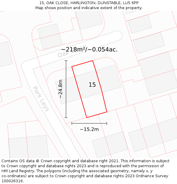 15, OAK CLOSE, HARLINGTON, DUNSTABLE, LU5 6PP: Plot and title map