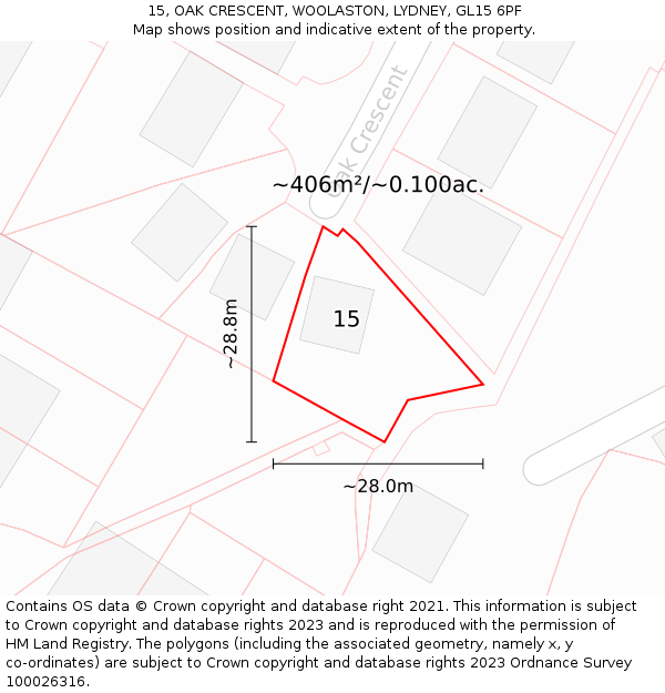 15, OAK CRESCENT, WOOLASTON, LYDNEY, GL15 6PF: Plot and title map