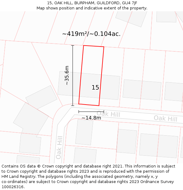 15, OAK HILL, BURPHAM, GUILDFORD, GU4 7JF: Plot and title map