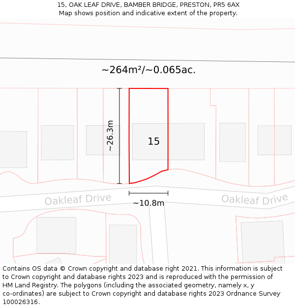 15, OAK LEAF DRIVE, BAMBER BRIDGE, PRESTON, PR5 6AX: Plot and title map