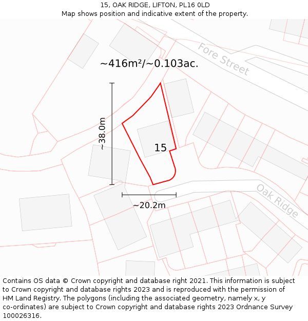 15, OAK RIDGE, LIFTON, PL16 0LD: Plot and title map