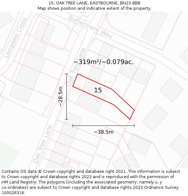 15, OAK TREE LANE, EASTBOURNE, BN23 8BB: Plot and title map