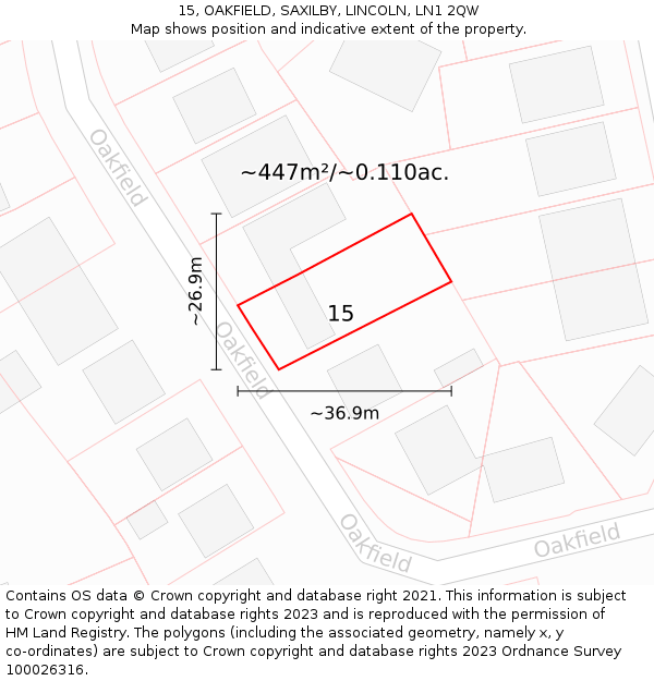 15, OAKFIELD, SAXILBY, LINCOLN, LN1 2QW: Plot and title map
