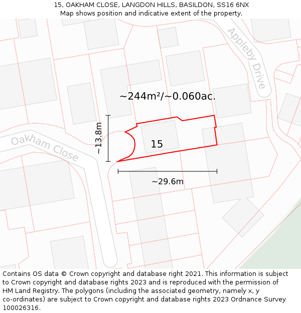 15, OAKHAM CLOSE, LANGDON HILLS, BASILDON, SS16 6NX: Plot and title map