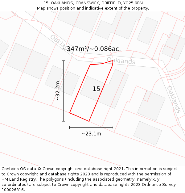 15, OAKLANDS, CRANSWICK, DRIFFIELD, YO25 9RN: Plot and title map