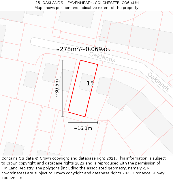 15, OAKLANDS, LEAVENHEATH, COLCHESTER, CO6 4UH: Plot and title map