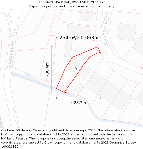 15, OAKSHAW DRIVE, ROCHDALE, OL12 7PF: Plot and title map