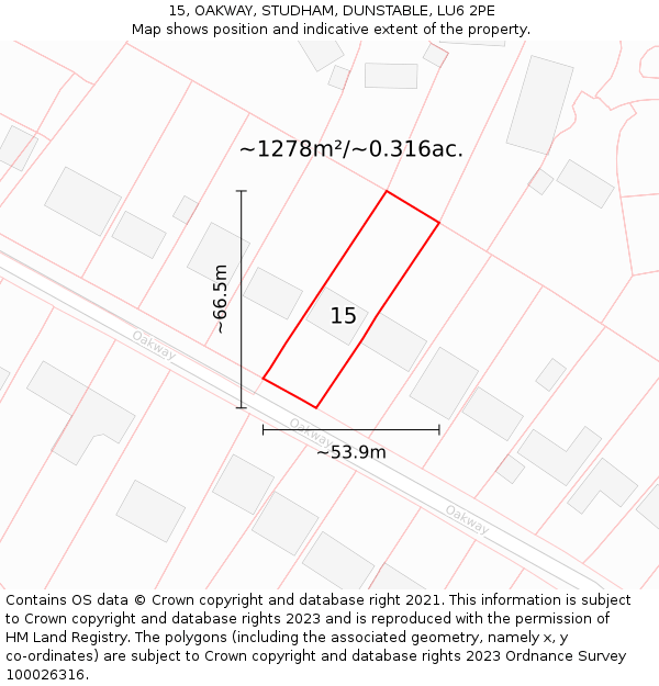 15, OAKWAY, STUDHAM, DUNSTABLE, LU6 2PE: Plot and title map