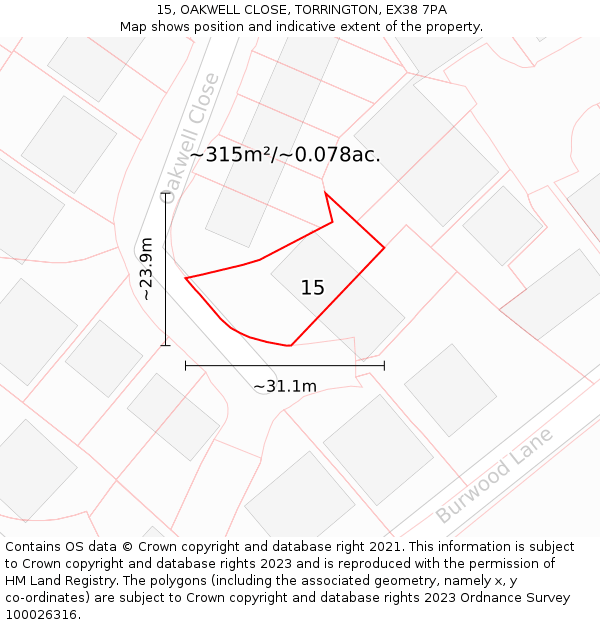 15, OAKWELL CLOSE, TORRINGTON, EX38 7PA: Plot and title map
