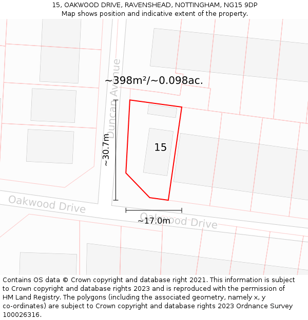 15, OAKWOOD DRIVE, RAVENSHEAD, NOTTINGHAM, NG15 9DP: Plot and title map