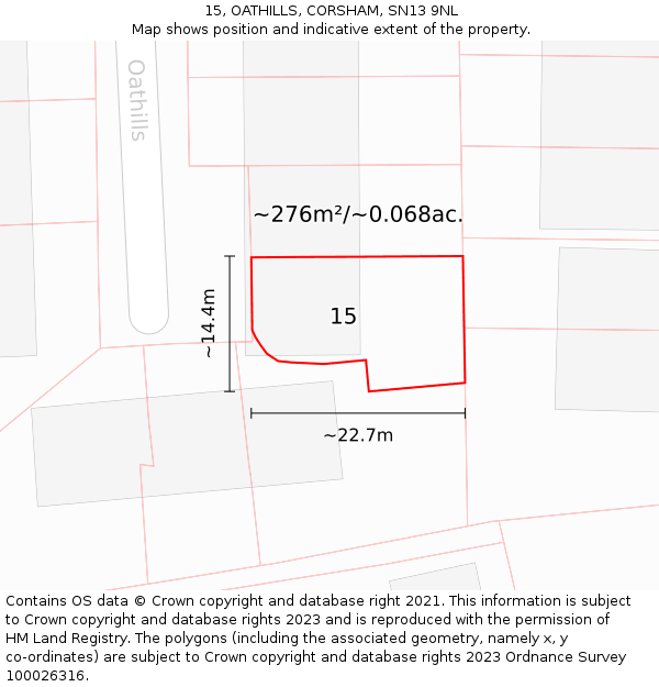 15, OATHILLS, CORSHAM, SN13 9NL: Plot and title map