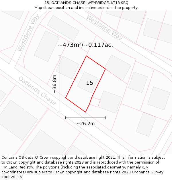 15, OATLANDS CHASE, WEYBRIDGE, KT13 9RQ: Plot and title map