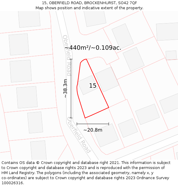 15, OBERFIELD ROAD, BROCKENHURST, SO42 7QF: Plot and title map