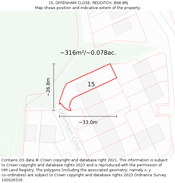 15, OFFENHAM CLOSE, REDDITCH, B98 8RJ: Plot and title map