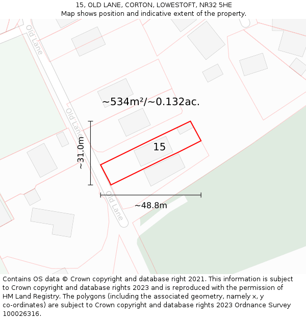 15, OLD LANE, CORTON, LOWESTOFT, NR32 5HE: Plot and title map